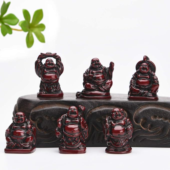 6Pcs 1'' Red Resin Laughing Buddha Figurines, Tabletop Lucky Decor | Mini Maitreya Buddha Statue, Flower Pot Statue, Home Office Desk Decor, Fengshui Collection Gift Ornaments