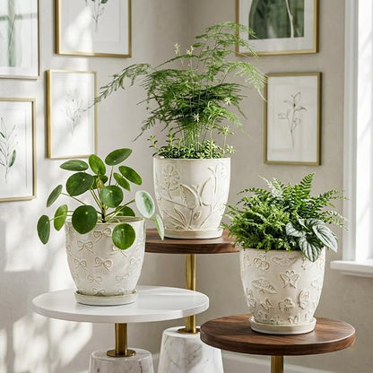 Hollyone Set of 3 White Ceramic Planter 6 Inch Flower Plant Pot with Drainage Hole and Saucer for Plants Embossed Indoor Outdoor Garden Embossed Ceramic Glazed Round Pot for Succulent Orchid