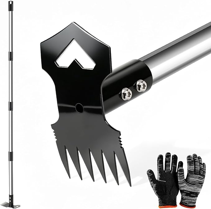60" Weed Puller Tool with Long Handle, 2-in-1 Weed Rake & Garden Hoe, Stand Up Weeding Tools Gardening, Heavy Duty Steel Weeder Tool, Manual Uprooting Weed Remover Tool for Yard, Lawn, Patio, Garden