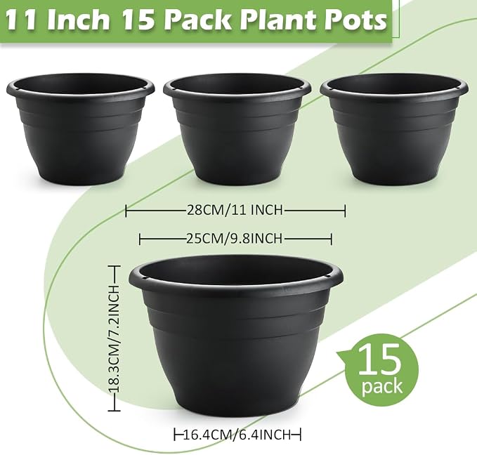 RooTrimmer 15 Pack 11 Inch Plant Pots with Drainage Holes,Black Plastic Flower Pots with Hanging Holes,Durable Planters for Indoor & Outdoor Plants,Nursery Pots
