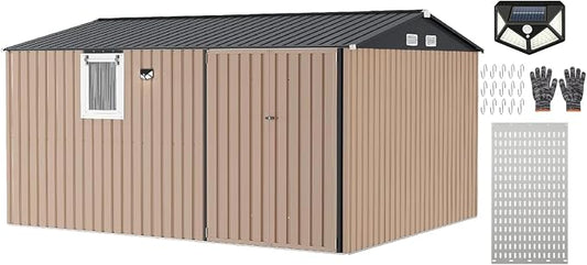 Garvee 10 x 12 FT Heavy-Duty Metal Outdoor Storage Shed with Motion Sensor Solar Light and Window,Pegboard Tool Organizer, Lockable Doors and 4 Air Vents, Garden Shed for Patio, Garage, Backyard