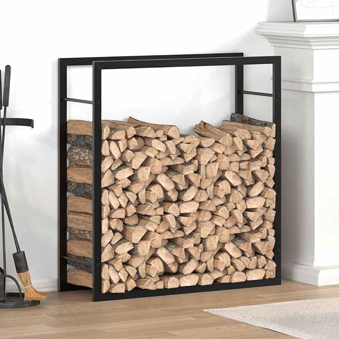 vidaXL Firewood Rack, Fire Log Stand Stacker Holder for Fireplace, Outdoor Indoor Metal Wood Pile Storage Organizer, Matt Black Steel