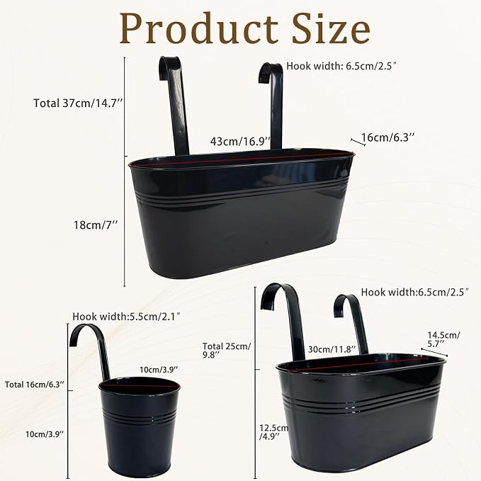Set of 12 Balcony Hanging Planters, 4 Pcs 17" Metal Railing Flower Pots & 4 Pcs 12" Deck Planter & 4 Pcs 4" Fence Pot for Outdoor Patio Garden Décor, Black