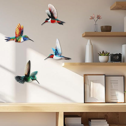 4 Pack Metal Hummingbird Wall Art Garden Decor, Birds Outdoor Wall Art Yard Patio Fence Decoration, 3D Colorful Bird Wall Hanging Sculpture Outside Livingroom Gift for Women Mom