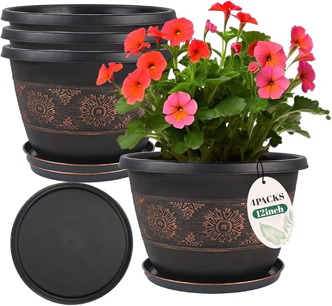 Usocik 12 Inch Retro Plant Pots 4 Pack with Drainage and Saucers Copper | Copper retro PP pots with drainage holes and saucers for flowers pothos aloe herbs patios porches gardens and entryways