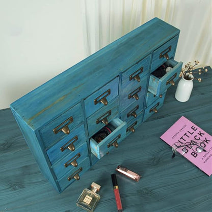 Apothecary Drawers Apothecary Cabinet with Drawers, Blue | 16 Drawer Library Card Catalog, Wooden Storage Box, Wooden Desktop Organizer with Metal Handles-Fulled Assembled