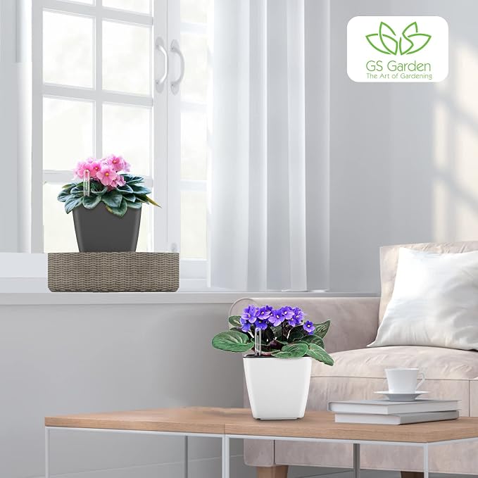 Self Watering Planters for Indoor Plants, 5.2 Inch 6 Pack Square Plastic Plant Pots with Water Level Indicator & Drainage System for African Violet Herbs Succulents - White