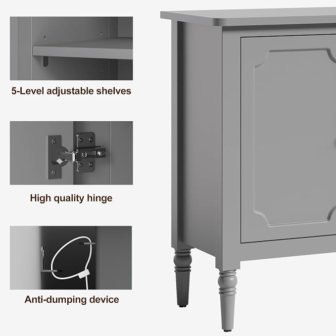 RoyalCraft Sideboard Buffet Cabinet with Storage, 59" Mid Century Modern Credenza with 4 Doors, Coffee Bar Wine Bar Storage Cabinet with Artistic Carved Handle for Living Room, Dining Room, Gray