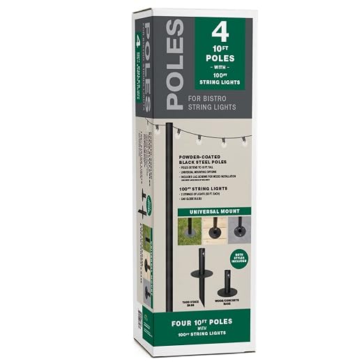 EXCELLO GLOBAL PRODUCTS Bistro String Light Poles - 4 Pack - Extends to 10 Feet - Universal Mounting Options Included with 100 ft. of G40 LED Lights (100 Lights)