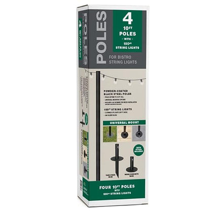 EXCELLO GLOBAL PRODUCTS Bistro String Light Poles - 4 Pack - Extends to 10 Feet - Universal Mounting Options Included with 100 ft. of G40 LED Lights (100 Lights)