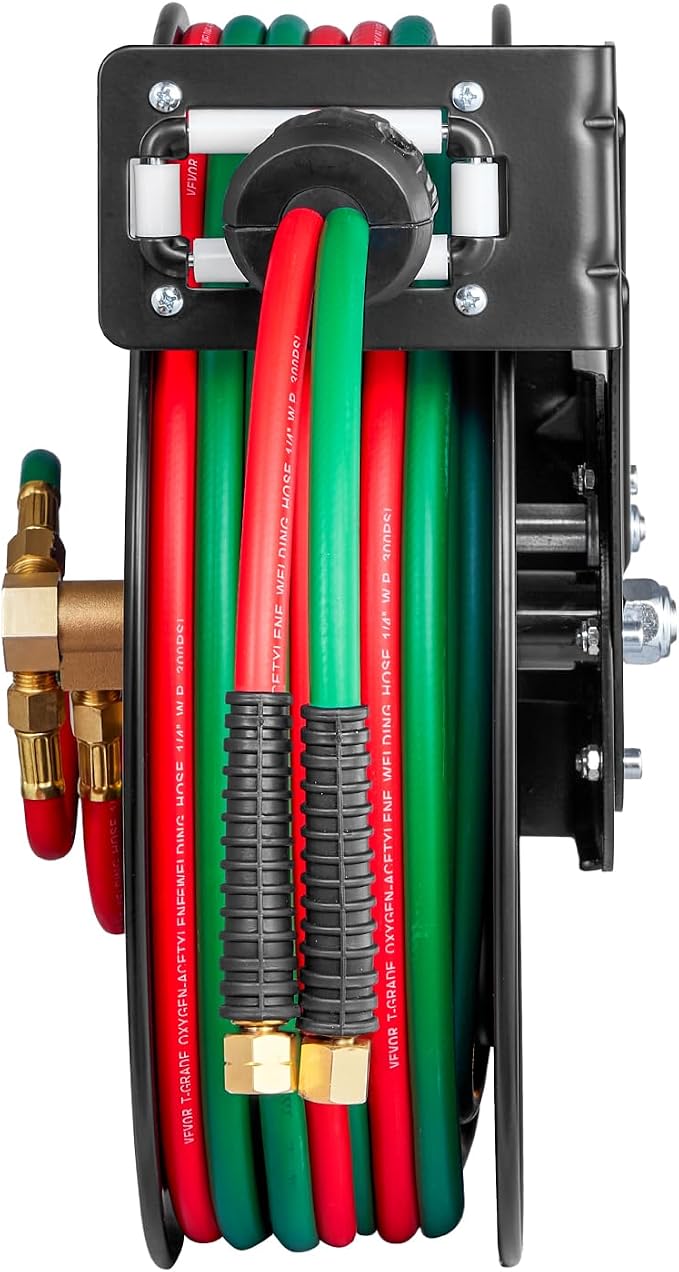 VEVOR Retractable Welding Hose Reel, 1/4-Inch x 50FT Twin Oxygen Acetylene Rubber Hose Max 300PSI - T Grade, Ceiling/Wall Mount Heavy Duty Steel Hose Reel Auto-Rewind, Ideal for Workshops Garages