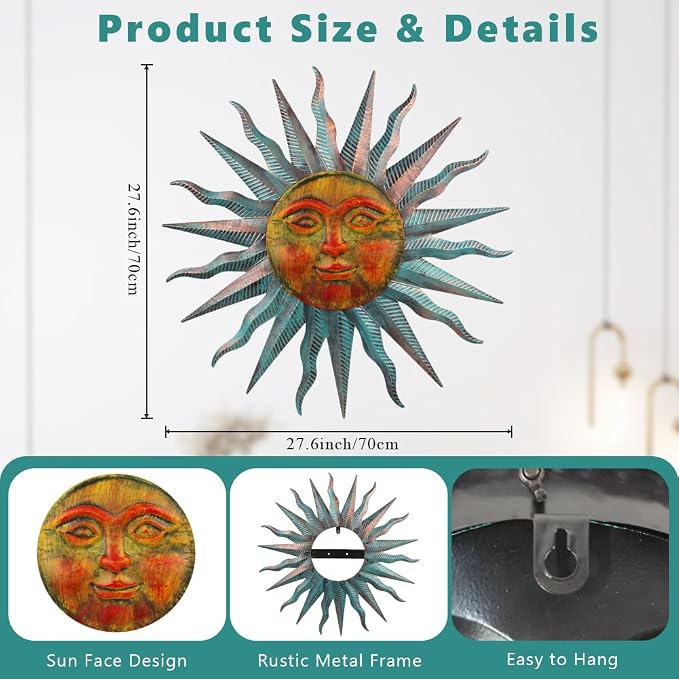 VEWOGARDEN Sun Outdoor Wall Decor, 28" Waterproof Large Metal Wall Art for Home Outside Patio Garden Fence Decorations