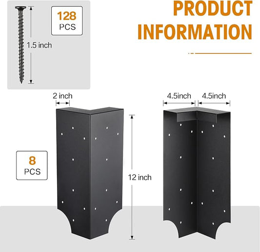 Therwen 8 Set Raised Garden Bed Corner Brackets with 128 Screws, Fit Lumber up to 2 Inch x 12 Inch, Metal Planter Box Rust Resistant Raised Bed Brackets for Vegetable Garden(Black)