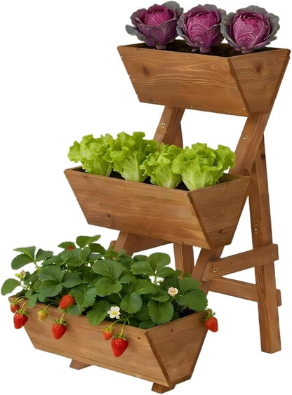 3-Tiers Wooden Raised Garden Bed Tiered Planter Box Flower Pots Vertical Garden Planter Wood Plant Stand for Vegetables Flowers Herbs for Patio, Balcony, Freestanding (Brown S)