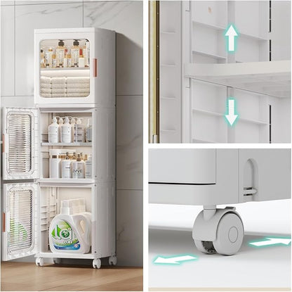 3-Tier Slim Bathroom Storage Cabinet for Small Space,White | Quick Assembly,Foldable,Plastic Organizers,Magnetic Doors,Adjustable Shelves,Narrow Storage Cabinet,Wheels