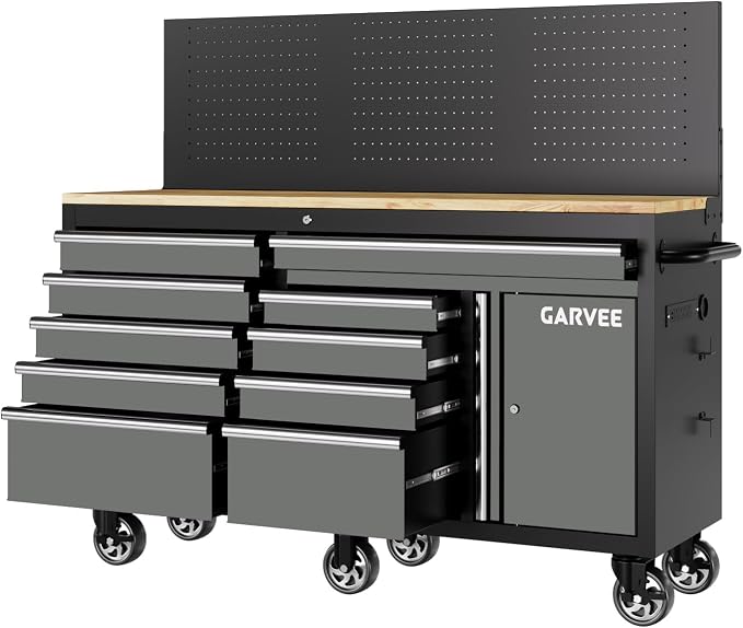Garvee 60 in Rolling Tool Chest, 10 Drawers Mobile Garage Tool Cabinet with Locks & Charging Station, Heavy Duty 1750 LBS Load Workbench with Pegboard for Workshop, Gray
