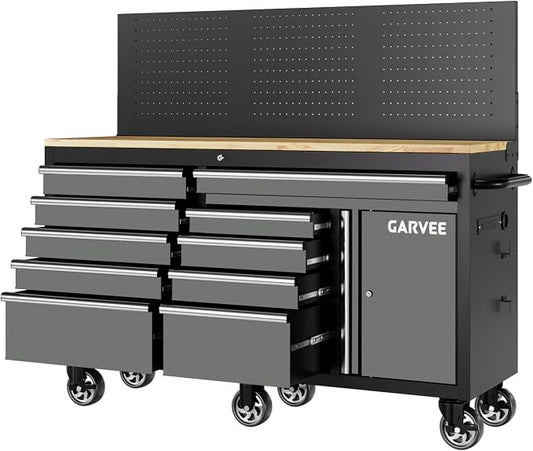 Garvee 60 in Rolling Tool Chest, 10 Drawers Mobile Garage Tool Cabinet with Locks & Charging Station, Heavy Duty 1750 LBS Load Workbench with Pegboard for Workshop, Gray