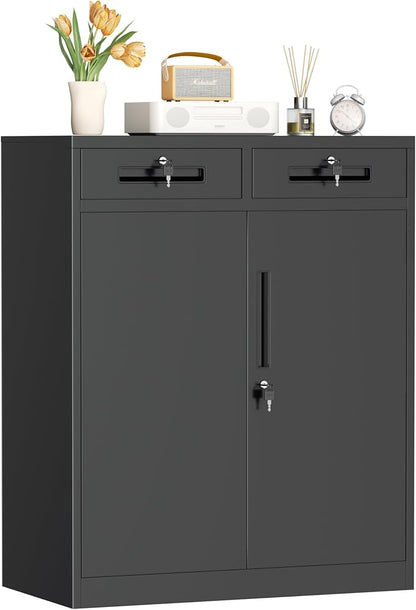 INTERGREAT Metal Garage Storage Cabinets with Lock,Steel Storage Cabinet with Drawer and 2 Adjustable Shelves, Small Lockable Office Steel Cabinet for Home, Warehouse, School, Black