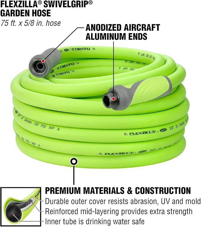 Flexzilla Garden Hose with SwivelGrip, 5/8 in. x 75 ft., Heavy Duty, Lightweight, Drinking Water Safe, ZillaGreen - HFZG575YWS-E & Flexzilla Garden Hose Nozzle Kit, 3-Piece - HFZGAK01