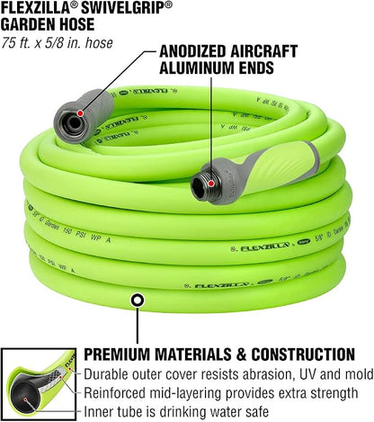 Flexzilla Garden Hose with SwivelGrip, 5/8 in. x 75 ft., Heavy Duty, Lightweight, Drinking Water Safe, ZillaGreen - HFZG575YWS-E & Flexzilla Garden Hose Nozzle Kit, 3-Piece - HFZGAK01
