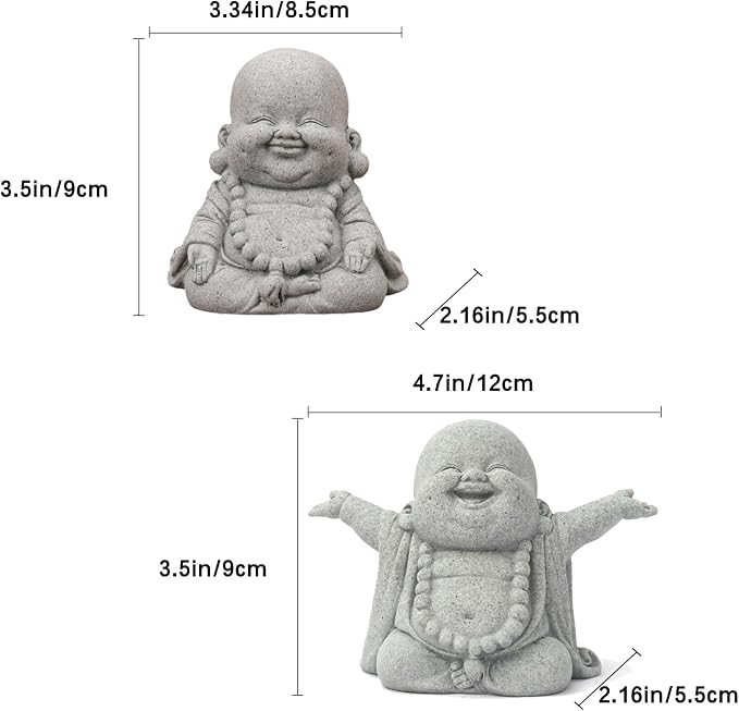 2Pack Buddha Sandstone Statues Zen Monk Buddha Statue Zen Garden Decor Zen Monk Praying Statue Sculptures Ornament for Wealth Good Luck Feng Shui Decor(Laughing Buddha)