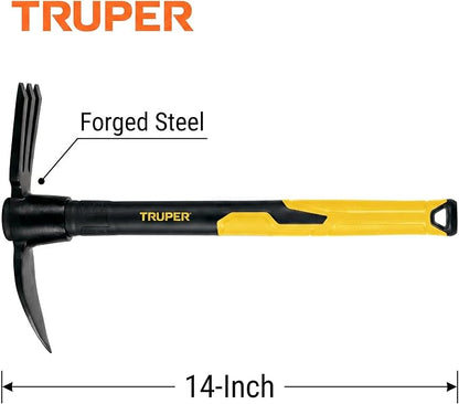 Truper Rapid Tiller, Digger Cultivator, 14-Inch Fiberglass Handle with Comfort Grip, Forged Steel Dual-Head Digging and Aerating Tool (Model RATI-F / 32739)