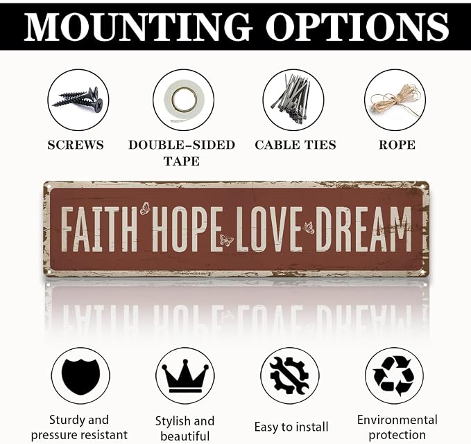 Garden Metal Tin Sign, Vintage Farmhouse Decor, Faith Hope Love Dream Garden Wall Art, for Yard Fence Door Porch, Inspirational Indoor Outdoor Gardening Decoration, 15.7 x 3.9 Inches