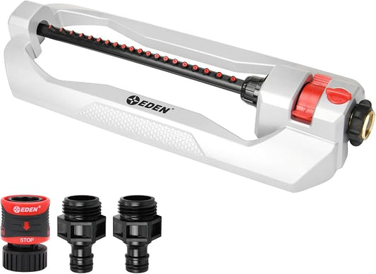 Eden 94111 Heavy Duty Metal Oscillating Sprinkler, Covers Up to 3,328 sq. ft., 20 Precision Nozzles, Flow Control, Adjustable Range, Quick Connect Bundle, Silver, Red, Black