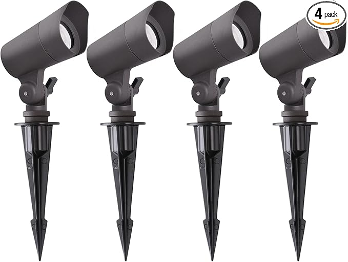 E ENERGETIC LIGHTING LED Landscape Lights with Connectors, 12V Low Voltage, Warm White 3000k, 4W, 175LM, Outdoor Waterproof Garden Pathway Lights Wall Tree Flag Spotlights with Spike Stand, 4 Pack
