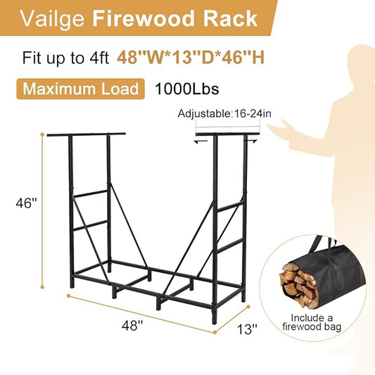 Vailge Firewood Rack Outdoor 4FT with Waterproof Firewood Carrier Bag, Adjustable Heavy Duty Steel Firewood Holder Storage, Log Rack for Fireplace, Fire Pit, Backyard, Camping