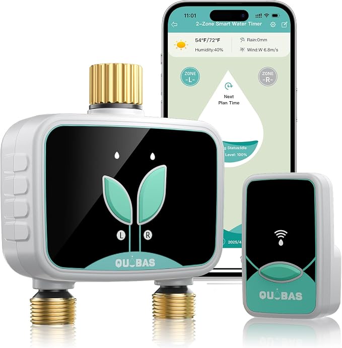 QUOBAS WiFi Water Timer for Garden Hose, 2 Zone Brass Hose Timer WiFi with App Control & Rain Delay/Auto/Manual 3 Modes for Drip Irrigation, Pool & Lawn, Battery Powered, 2.4GHz WiFi Only