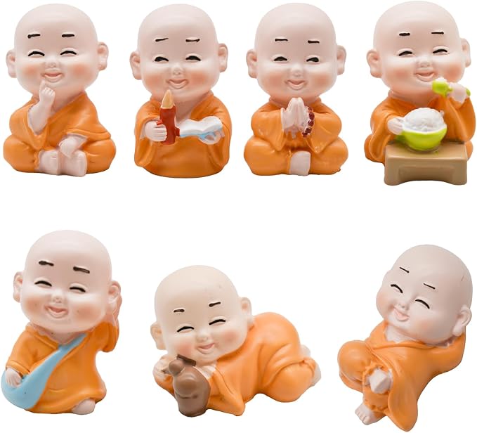 7Pcs Baby Buddha Statues 1 inch Little Monk Figurines for DIY Zen Garden Car Dashboard Office Tabletop Shelf Home Decoration