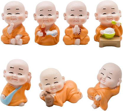 7Pcs Baby Buddha Statues 1 inch Little Monk Figurines for DIY Zen Garden Car Dashboard Office Tabletop Shelf Home Decoration