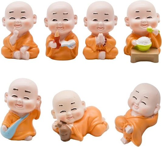7Pcs Baby Buddha Statues 1 inch Little Monk Figurines for DIY Zen Garden Car Dashboard Office Tabletop Shelf Home Decoration