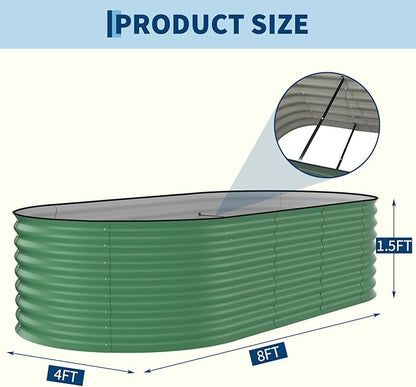 Garvee 8x4x1.5ft Galvanized Raised Garden Bed, Oval Metal Planter Box with Anti-Cut Safety Edges, 359 Gallons Rust-Resistant Deep Root Planter for Outdoor Vegetables, Flowers, Herbs, Green