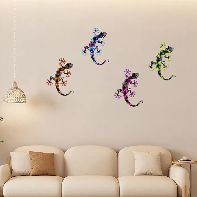 Junware 4 Pcs Metal Gecko Wall Art Outdoor Decor Metal Lizards Wall Decor Lizard 8.7 * 11.8 Inch Suitable for Hanging in Yard Garden Patio Fence Home, Idea Gifts for Mom Father Friends