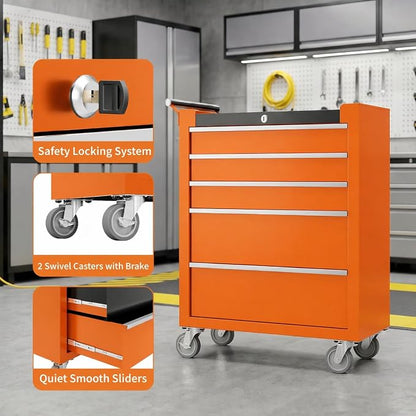 IDEALHOUSE Rolling Tool Chest, 5 Drawers Tool Storage Cabinet, Toolbox with Wheels, Portable Tool Cabinet Organizer with Locking System & Drawer Liners, Tool Storage Cart for Garage, Workshop, Orange