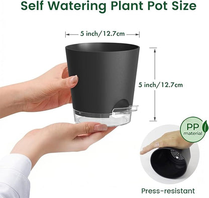 Meowell 5 inch Self Watering Flower Pots for Indoor Plants, 5 Pack Small Plant Pots with Drainage Holes & Clear Reservoir for Visible Water Level, Plastic Wicking Planter Pots for House Plants, Black