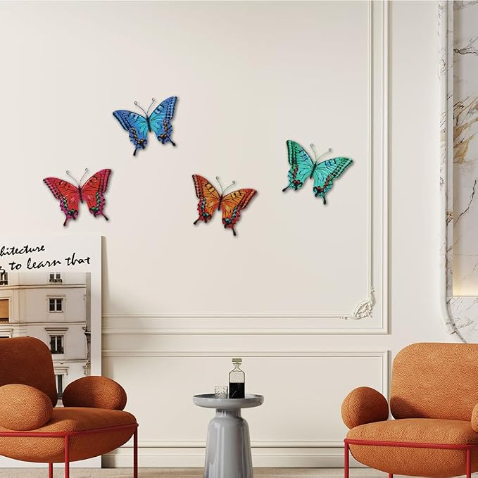 dreamskip 4 Pack Butterfly Wall Decor Art, Vivid Butterflies Outdoor Metal Wall Art with Colorful Pattern, Outdoor Garden Yard Fence Patio Decor Gift for Women Mom
