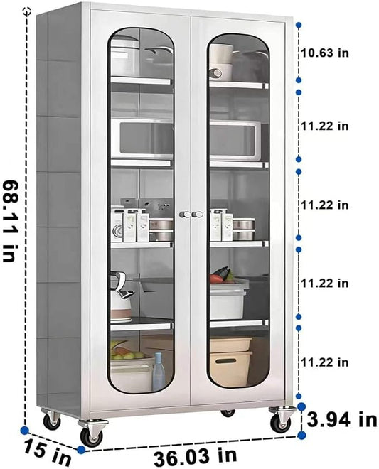 ZZV 68" Tall Stainless Steel Storage Cabinet with Wheels, Fully Assembled 5-Tier Kitchen Pantry Cabinet with Glass Doors for Garage, Utility Room, Laundry Room, Restaurant, Cafe, and Outdoor