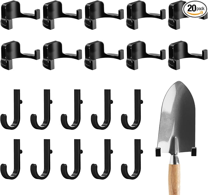 20 Pcs Storage Shed Tool Hooks Tool Hanger Compatible with Suncast Shed Accessories for Hanging Storage Shelves Organizer Accessories Parts Replacement Screws Brackets (J Shape/u Shape,Black)