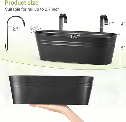 Dahey 3 Pcs Metal Hanging Flower Pots for Railing Fence Outdoor Planter 15.7 Inch Hanging Bucket Pots Countryside Window Flower Plant Holder with Detachable Hooks for Garden Yard Home Decor,Black