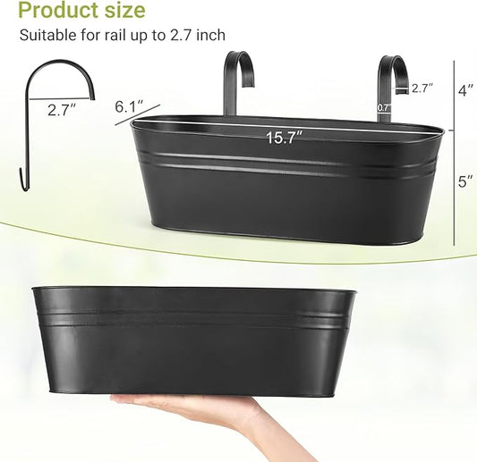 Dahey 5 Pcs Metal Iron Hanging Flower Pots for Railing Fence 15.7 Inch Hanging Bucket Pots Countryside Style Window Flower Plant Holder with Detachable Hooks for Garden Yard Home Decor, Black