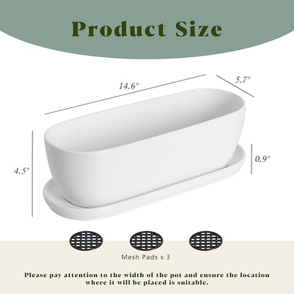 E-liu Oval Ceramic Planter Pot with Drainage Hole Saucers 14 Inch Succulents Planter Home Decor for Indoor Outdoor Plants Herb Cactus with 3 Mesh Pads, Plants Not Included, Black