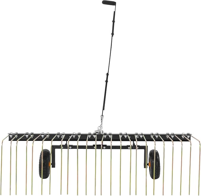 VEVOR Tow Behind Dethatcher, 60-inch Lawn Dethatcher Rake with 24 Steel Tines for ATV or Mower, Heavy Duty Q235 Steel Tow Behind Lawn Rake with Lift Handle for Farm Leaves, Pine Needles, and Grass