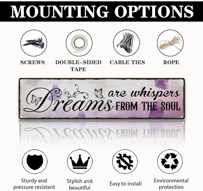 Garden Metal Tin Sign, Vintage Farmhouse Decor, Dreams Are Whispers From the Soul, Butterfly Wall Decor for Yard Fence Door Porch, Meaningful Indoor Outdoor Garden Decoration, 15.7 x 3.9 Inches
