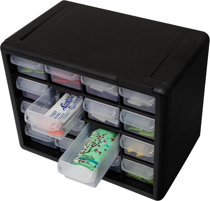 Akro-Mils 16-Drawer Plastic Drawer Storage Cabinet for Garage Organization, Beads, Makeup Organizer, Building Bricks Storage, Teacher Toolbox, 10-1/2" W x 6-1/2" D x 8-1/2" H, 10116 Black (Pack of 2)