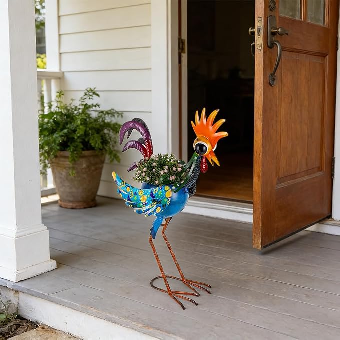 Planters for Outdoor Plants,25.6 Inch Tall Metal Yard Rooster Decor for Outdoor Plants, Weather-Resistant Flower Pots for Garden Patio Porch Decor