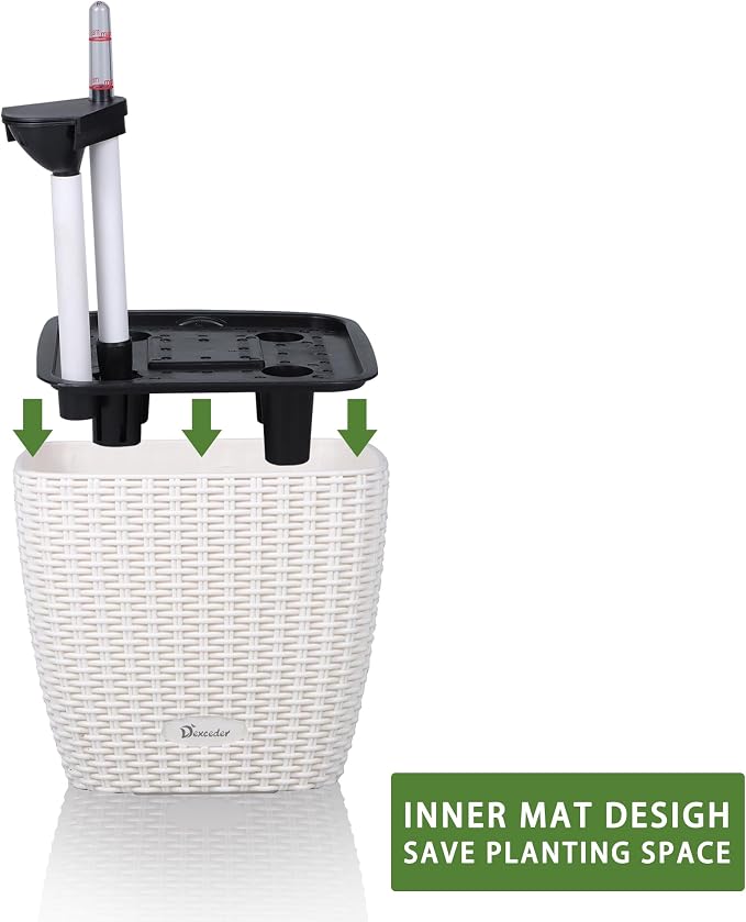 Dexceder 11x10 Self Watering Planter (Ivory White Rattan) | Inner Mat Design, Thickened Table Flower Plant Pot with Water Level Indicator Indoor Outdoor