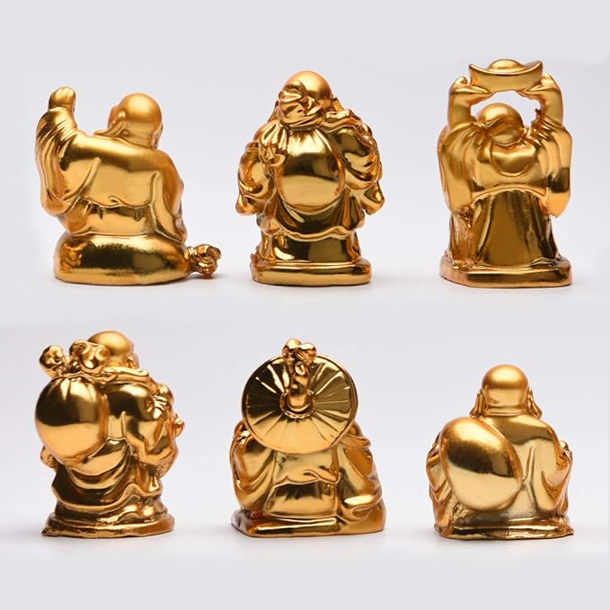 BRABUD 2'' Golden Laughing Buddha Figurines with Red Lips Good Gift and Collection Set of 6 (2'' Gilt)